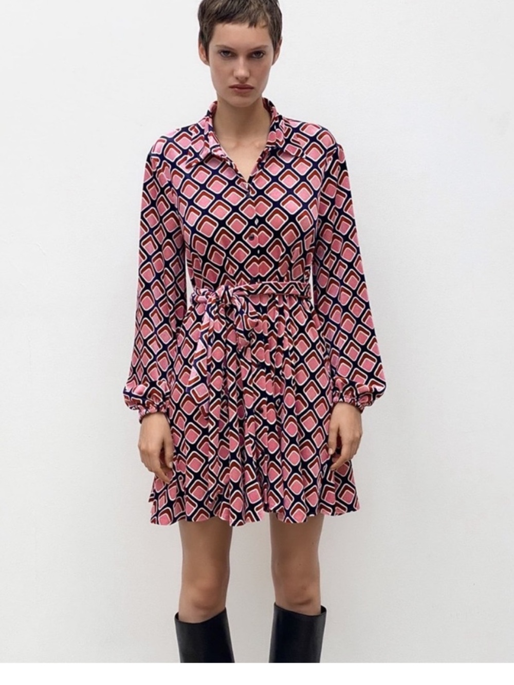 Zara Printed Velvet Dress with Tie Waist